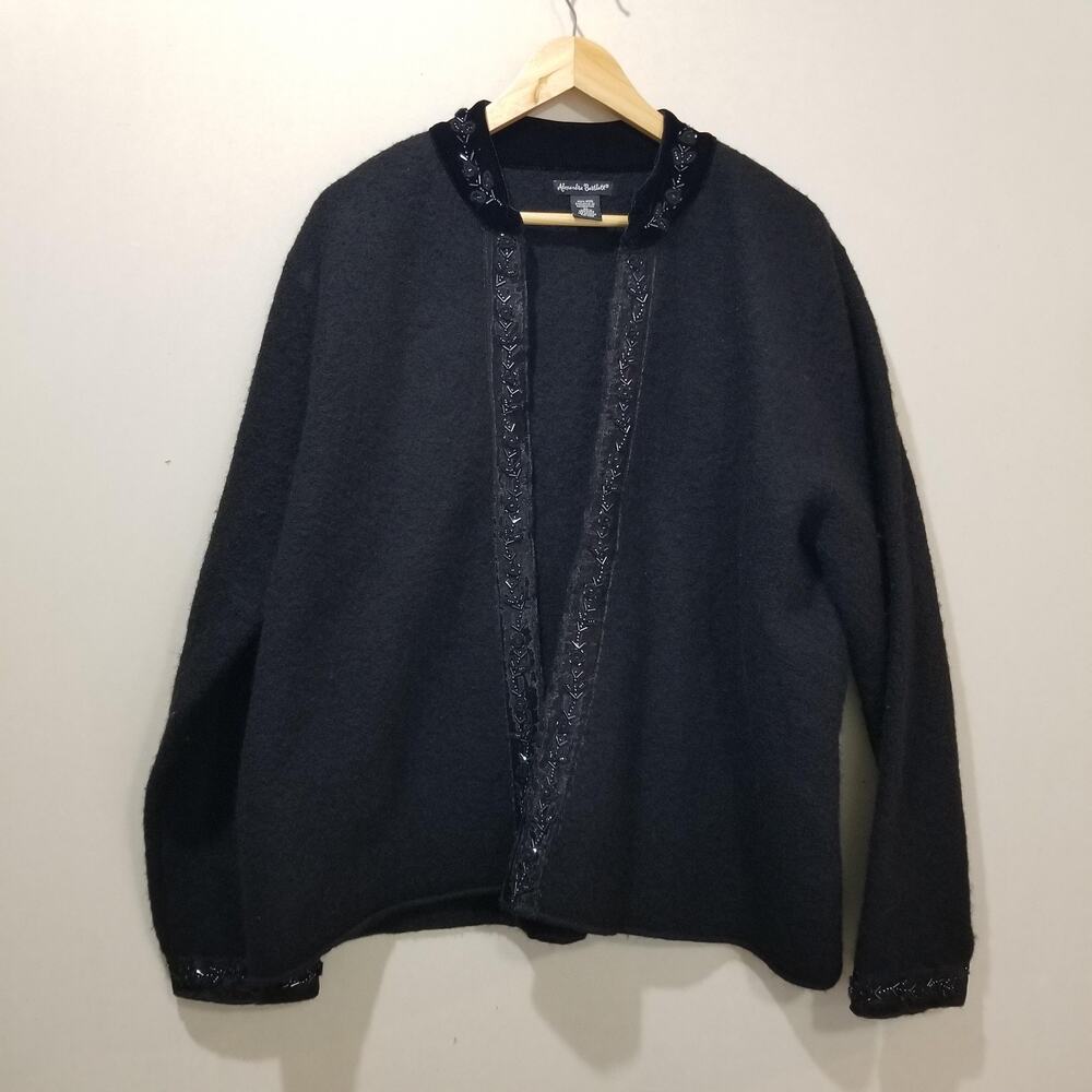 Alexandra Bartlett Cardigan Sweater Womens XL Black Beaded Wool Open Front